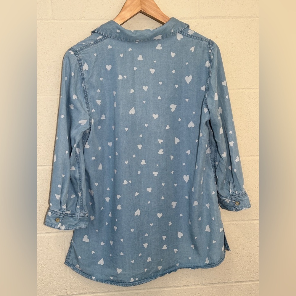 Coldwater Creek Chambray 3/4 Sleeve White Hearts Size Small Valentine’s Day - Picture 2 of 10